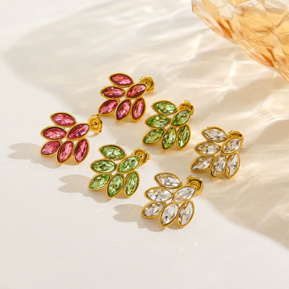 Women's Stainless Steel Leaf Shaped Earrings Inlaid With Colorful Zircon Polished And Vacuum Furnace Treated