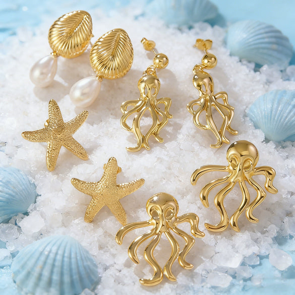 Women's Stainless Steel Marine Style Shell Pearl Starfish Jellyfish Geometric Earrings With Stamped High End Fashion Design