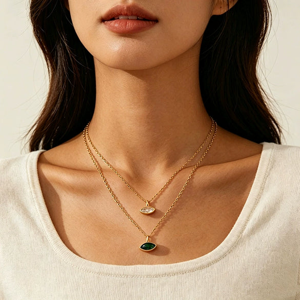 Women's Stainless Steel Marquise Zircon Pendant Necklace With Emerald And White Diamond Accents Geometric Horseeye Design Electroplated Ochain