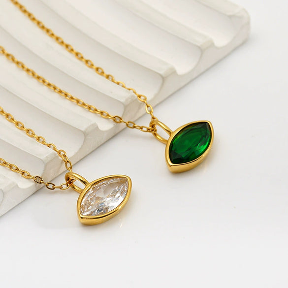 Women's Stainless Steel Marquise Zircon Pendant Necklace With Emerald And White Diamond Accents Geometric Horseeye Design Electroplated Ochain