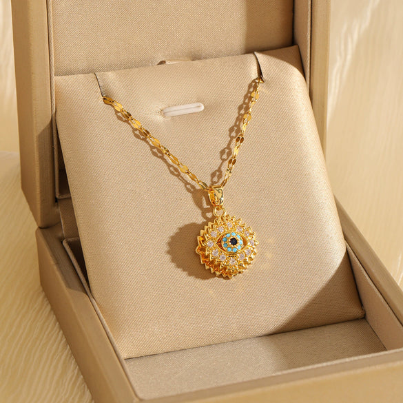 Women's Stainless Steel Mixed Gemstone Setting Simple Geometric Electroplated Devil's Eye Rotating Pendant Necklace