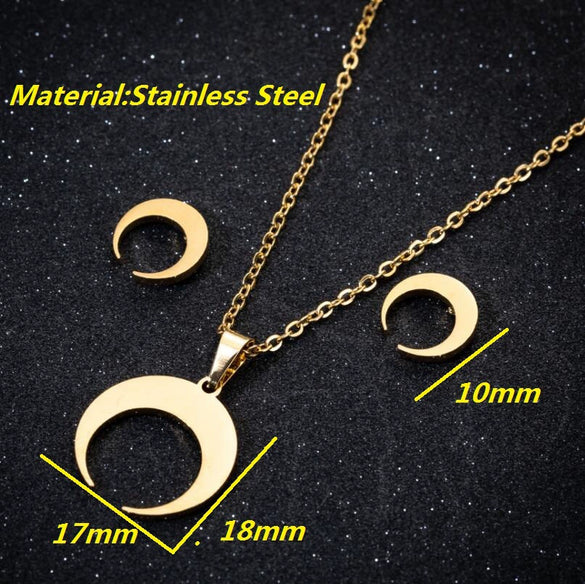 Women's Stainless Steel Moon Stud Earrings And Necklace Set With Geometric Pendant And Electroplated Finish