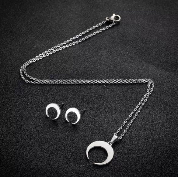 Women's Stainless Steel Moon Stud Earrings And Necklace Set With Geometric Pendant And Electroplated Finish