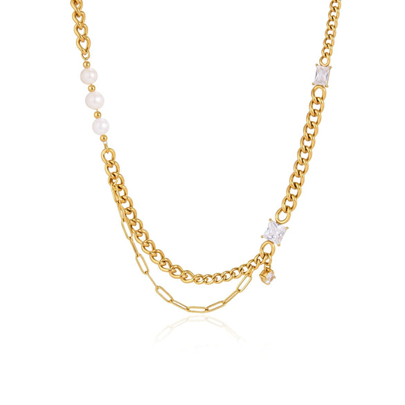 Women's Stainless Steel Multi Layer Pearl Necklace With Geometric Zircon Pendant And Vacuum Gold Plated Chain