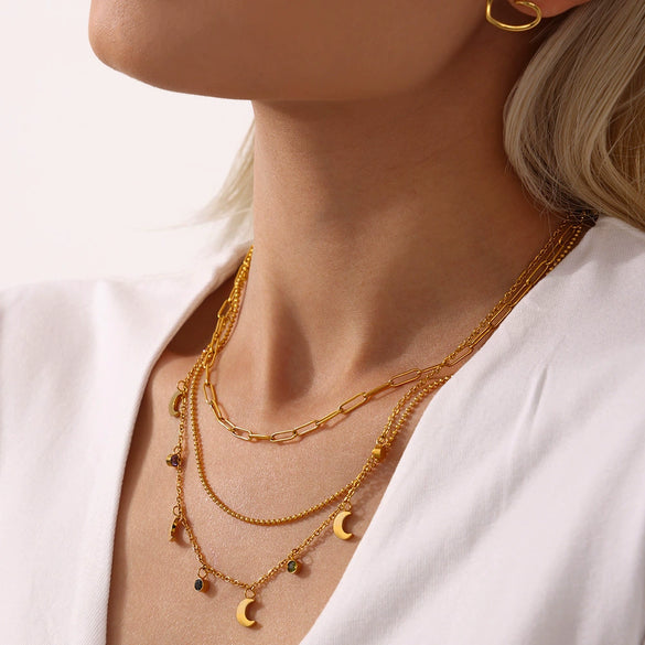 Women's Stainless Steel Multicolor Rhinestone Tassel Moon Clavicle Necklace With Zircon Pendant Electroplated 18K Gold Geometric Style