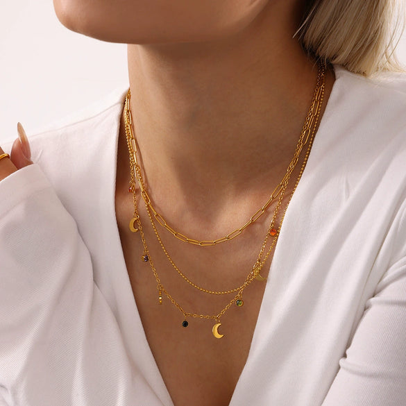 Women's Stainless Steel Multicolor Rhinestone Tassel Moon Clavicle Necklace With Zircon Pendant Electroplated 18K Gold Geometric Style