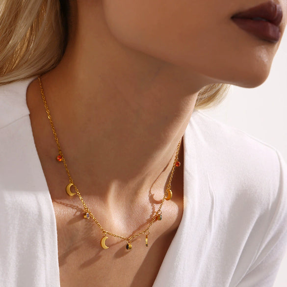 Women's Stainless Steel Multicolor Rhinestone Tassel Moon Clavicle Necklace With Zircon Pendant Electroplated 18K Gold Geometric Style