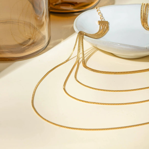 Women's Stainless Steel Multilayer Box Chain Necklace Jewelry Retro Geometric Electroplated