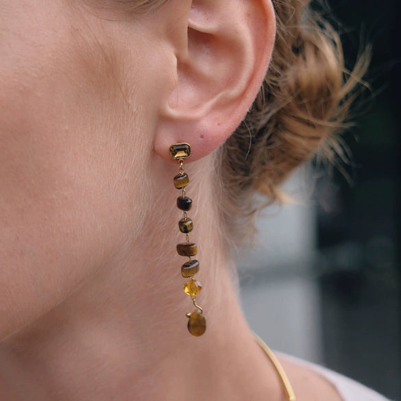 Women's Stainless Steel Natural Stone Tassel Earrings Geometric Plated Dangle Earrings Elegant Pierced Jewelry