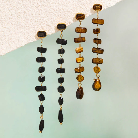Women's Stainless Steel Natural Stone Tassel Earrings Geometric Plated Dangle Earrings Elegant Pierced Jewelry