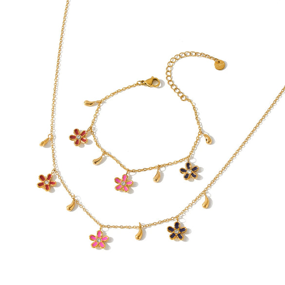 Women's Stainless Steel Necklace And Bracelet Set With Floral Enamel Design Rhinestone Inlay And 18K Vacuum Plated Geometric Style