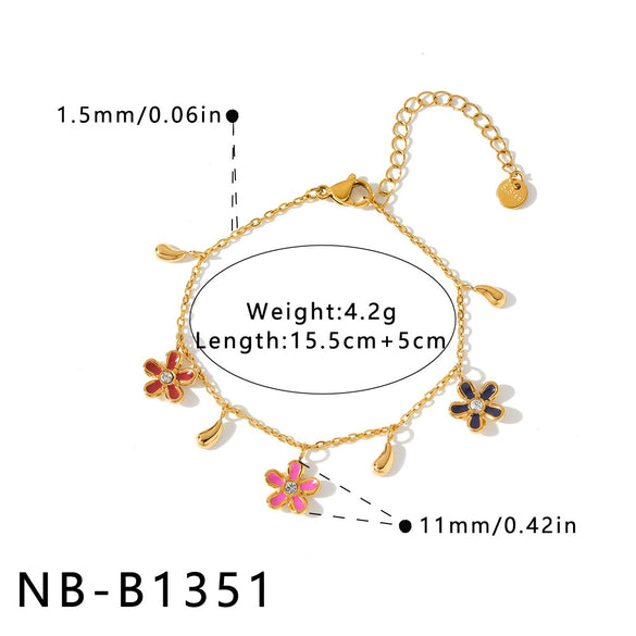Women's Stainless Steel Necklace And Bracelet Set With Floral Enamel Design Rhinestone Inlay And 18K Vacuum Plated Geometric Style