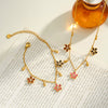 Women's Stainless Steel Necklace And Bracelet Set With Floral Enamel Design Rhinestone Inlay And 18K Vacuum Plated Geometric Style