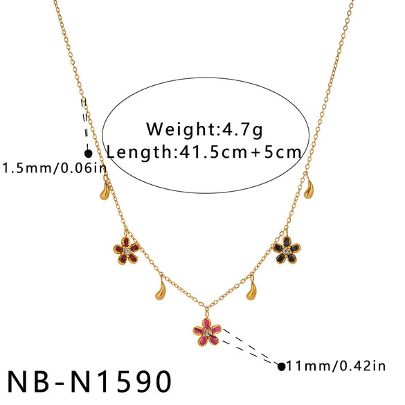 Women's Stainless Steel Necklace And Bracelet Set With Floral Enamel Design Rhinestone Inlay And 18K Vacuum Plated Geometric Style