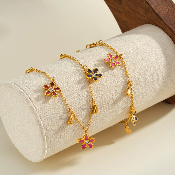 Women's Stainless Steel Necklace And Bracelet Set With Floral Enamel Design Rhinestone Inlay And 18K Vacuum Plated Geometric Style