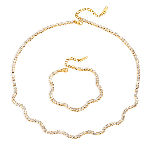 Women's Stainless Steel Necklace And Bracelet Set With Full Diamond Wave Design And Geometric Plated Jewelry
