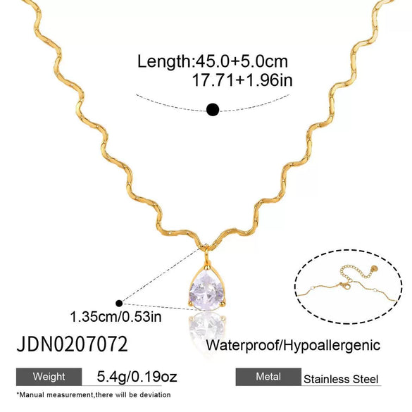 Women's Stainless Steel Necklace And Bracelet Set With Full Diamond Wave Design And Geometric Plated Jewelry