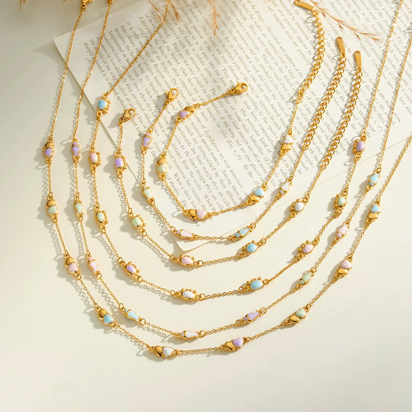 Women's Stainless Steel Necklace And Bracelet Set With Geometric Crab Heart Pattern And Oil Drip Electroplated Finish