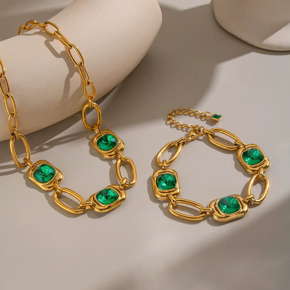 Women's Stainless Steel Necklace And Bracelet Set With Green Artificial Crystal Geometric Irregular Chain And Gold Tone Pvd Finish