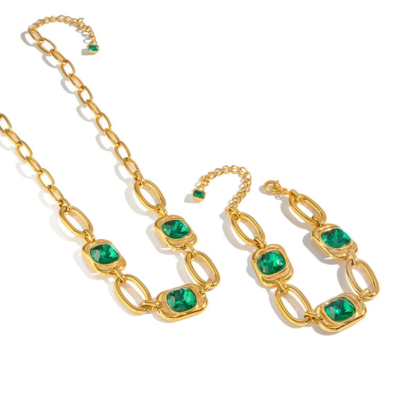 Women's Stainless Steel Necklace And Bracelet Set With Green Artificial Crystal Geometric Irregular Chain And Gold Tone Pvd Finish