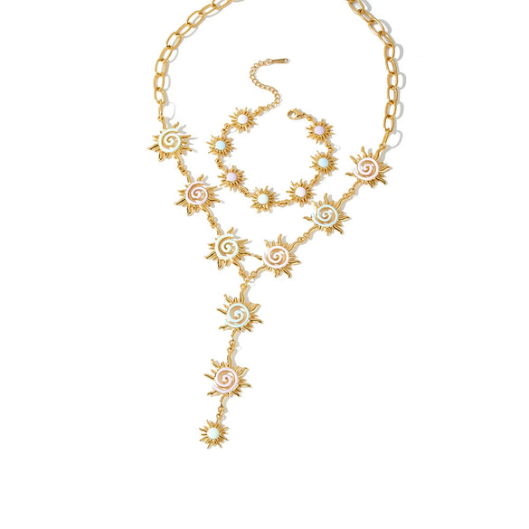 Women's Stainless Steel Necklace And Bracelet Set With Sunflower Pattern Geometric Design And 18K Vacuum Plated Enamel Finish