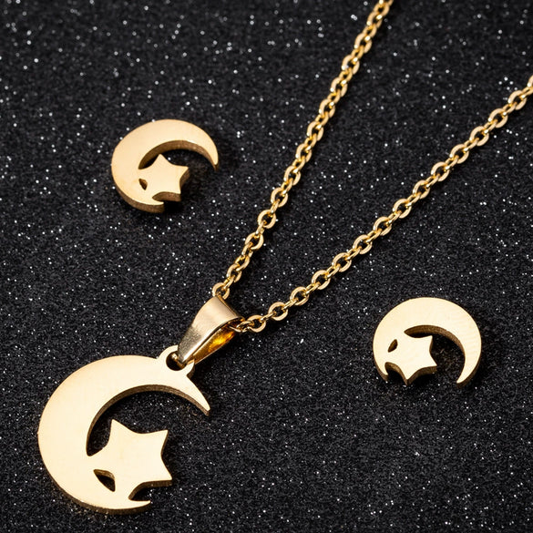 Women's Stainless Steel Necklace And Star Earrings Set With Geometric Cartooninspired Design And Electroplated Finish
