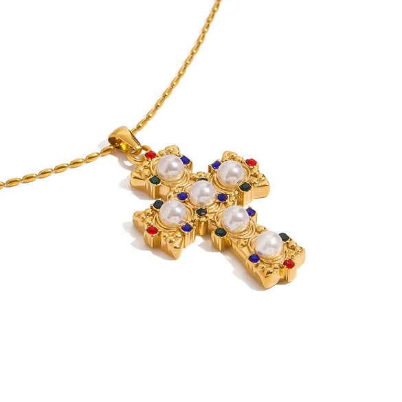 Women's Stainless Steel Necklace With Geometric Pattern Cross Pendant Electroplated Inlaid With Colored Diamond And Pearl
