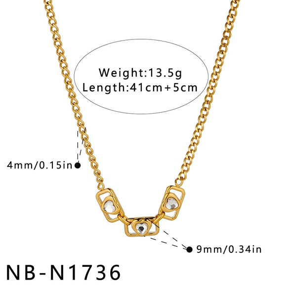 Women’s Stainless Steel Necklace With Geometric Square Heart Design Zircon Accents And 18K Vacuum Plated Finish