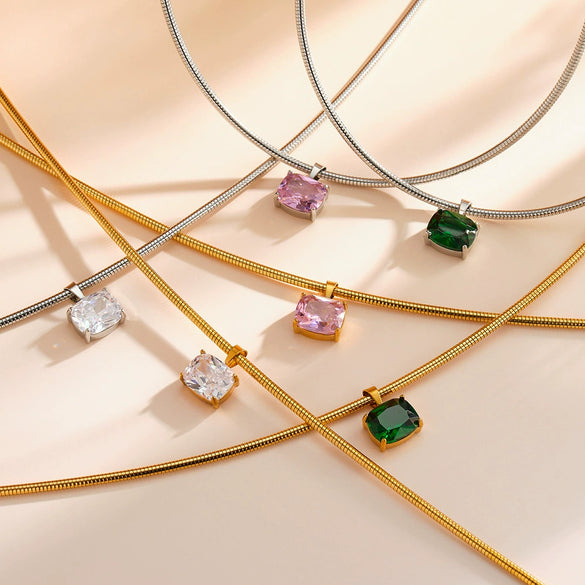 Women's Stainless Steel Necklace With Geometric Square Pattern Zircon Inlay And Vacuum Electroplated Finish