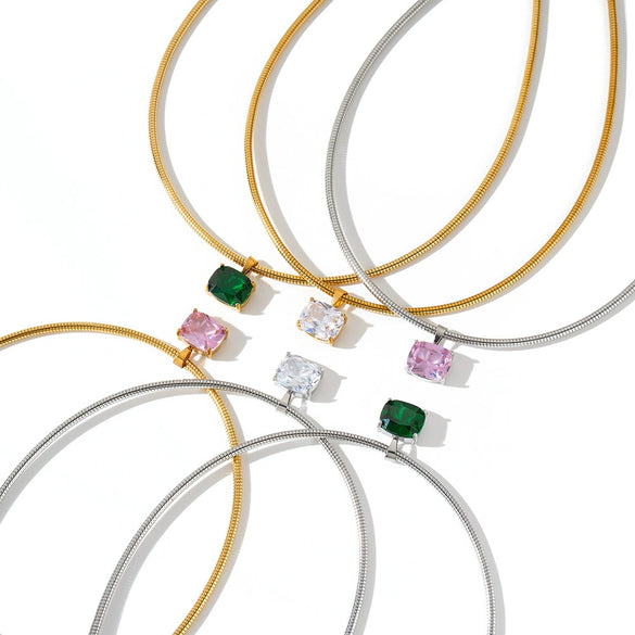 Women's Stainless Steel Necklace With Geometric Square Pattern Zircon Inlay And Vacuum Electroplated Finish