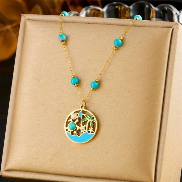 Women's Stainless Steel Ocean Life Pattern Vintage Necklace And Earrings With Electroplating And Dropping Glue Pearl Turquoise