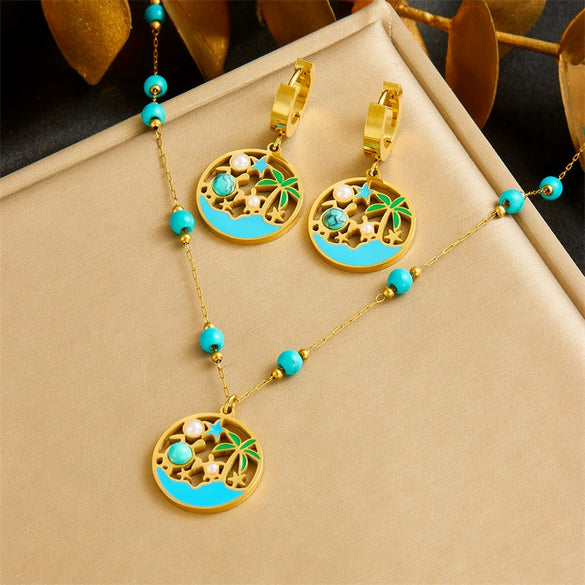Women's Stainless Steel Ocean Life Pattern Vintage Necklace And Earrings With Electroplating And Dropping Glue Pearl Turquoise