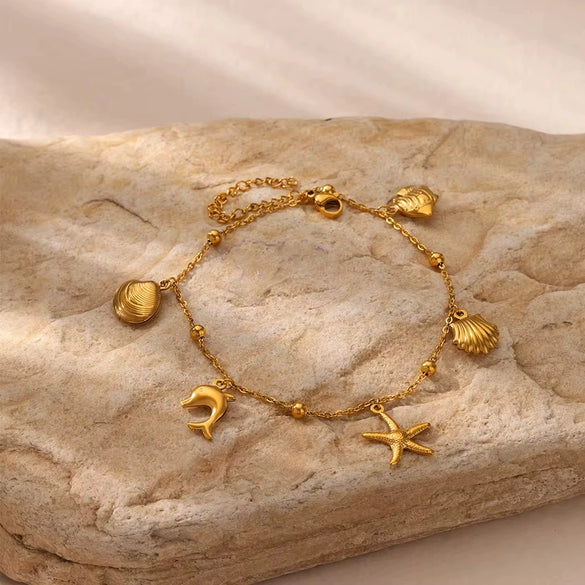 Women's Stainless Steel Ocean Series Anklet With Dolphin Starfish Shell Pendant