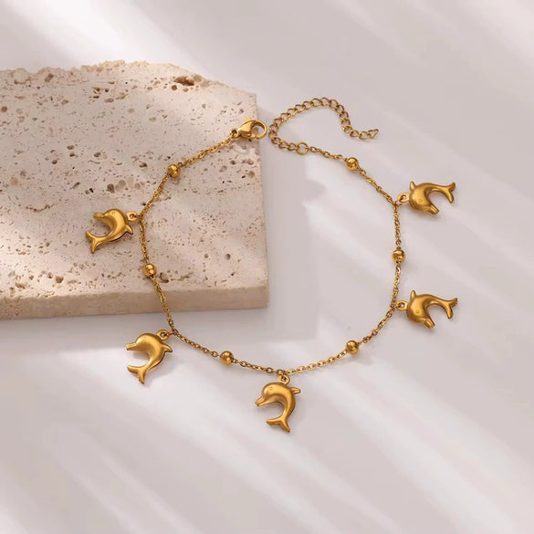 Women's Stainless Steel Ocean Series Anklet With Dolphin Starfish Shell Pendant