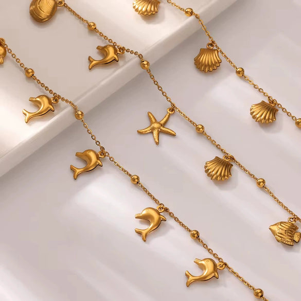 Women's Stainless Steel Ocean Series Anklet With Dolphin Starfish Shell Pendant