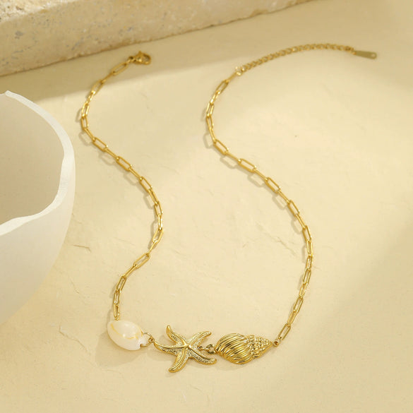 Women's Stainless Steel Ocean Style Geometric Starfish Shell Pearl Necklace And Bracelet Electroplated