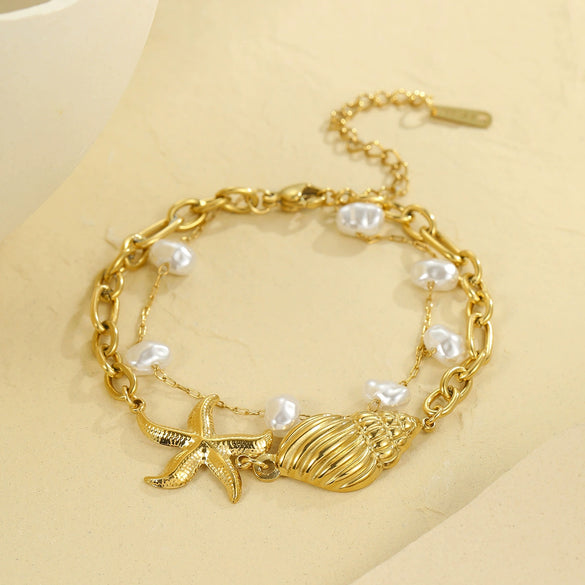 Women's Stainless Steel Ocean Style Geometric Starfish Shell Pearl Necklace And Bracelet Electroplated