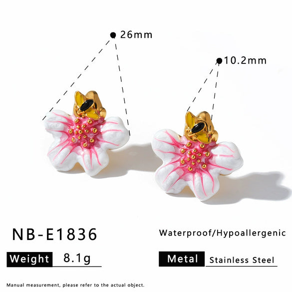 Women's Stainless Steel Oil Drip Flower Geometric Jewelry Set With Necklace Bracelet And Earrings In Gold Tone Vacuum Plating