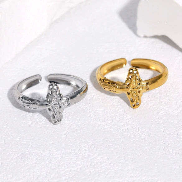 Women's Stainless Steel Open Cross Ring With Gold Plated Electroplated Finish And Niche Style