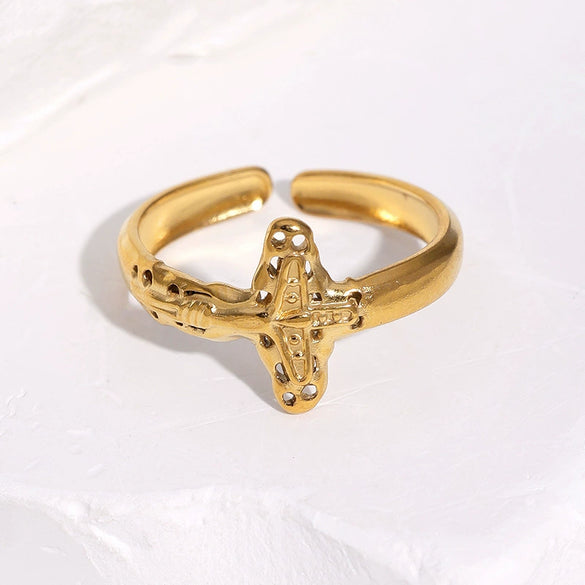 Women's Stainless Steel Open Cross Ring With Gold Plated Electroplated Finish And Niche Style