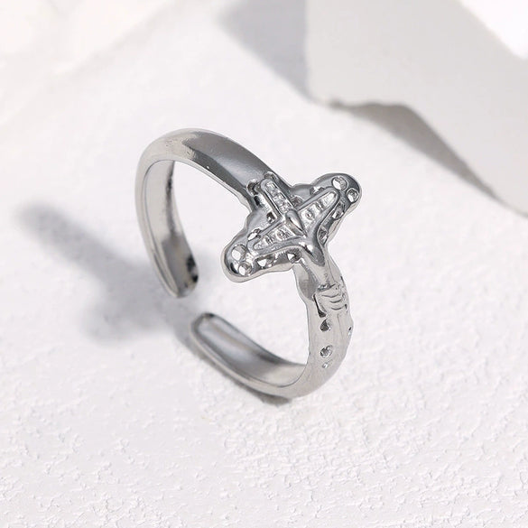 Women's Stainless Steel Open Cross Ring With Gold Plated Electroplated Finish And Niche Style