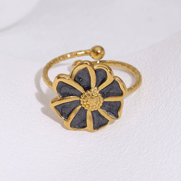 Women's Stainless Steel Open Flower Ring With Vintage Oil Drip Finish And Electroplated Simple Floral Design