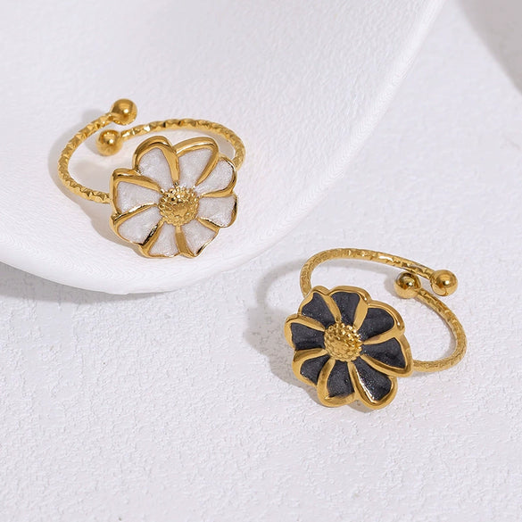 Women's Stainless Steel Open Flower Ring With Vintage Oil Drip Finish And Electroplated Simple Floral Design