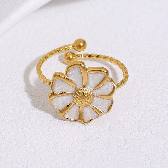 Women's Stainless Steel Open Flower Ring With Vintage Oil Drip Finish And Electroplated Simple Floral Design
