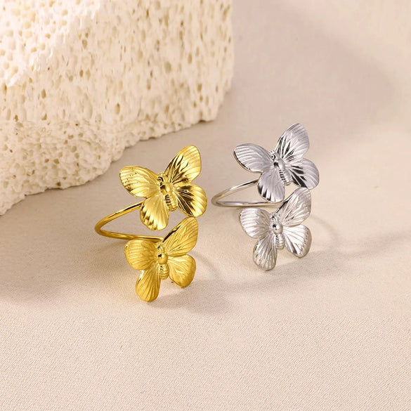 Women's Stainless Steel Open Flower Shell Butterfly Ring Electroplated