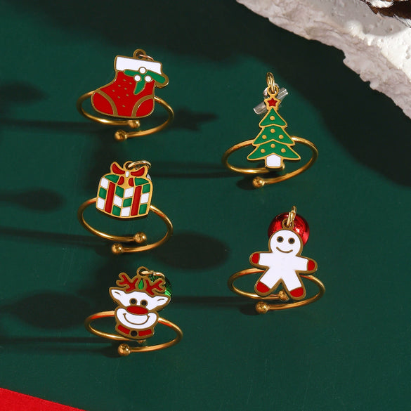 Women's Stainless Steel Open Ring With Electroplated Snowman Elk And Christmas Tree Holiday Motifs