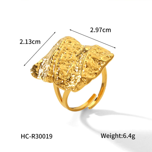 Women's Stainless Steel Open Ring With Geometric Hammer Pattern And Electroplating Treatment