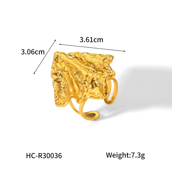 Women's Stainless Steel Open Ring With Geometric Hammer Pattern And Electroplating Treatment
