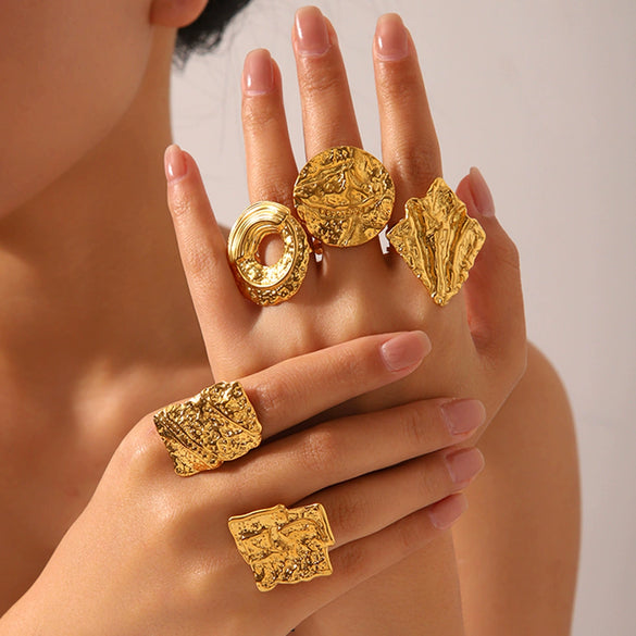 Women's Stainless Steel Open Ring With Geometric Hammer Pattern And Electroplating Treatment