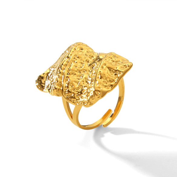 Women's Stainless Steel Open Ring With Geometric Hammer Pattern And Electroplating Treatment